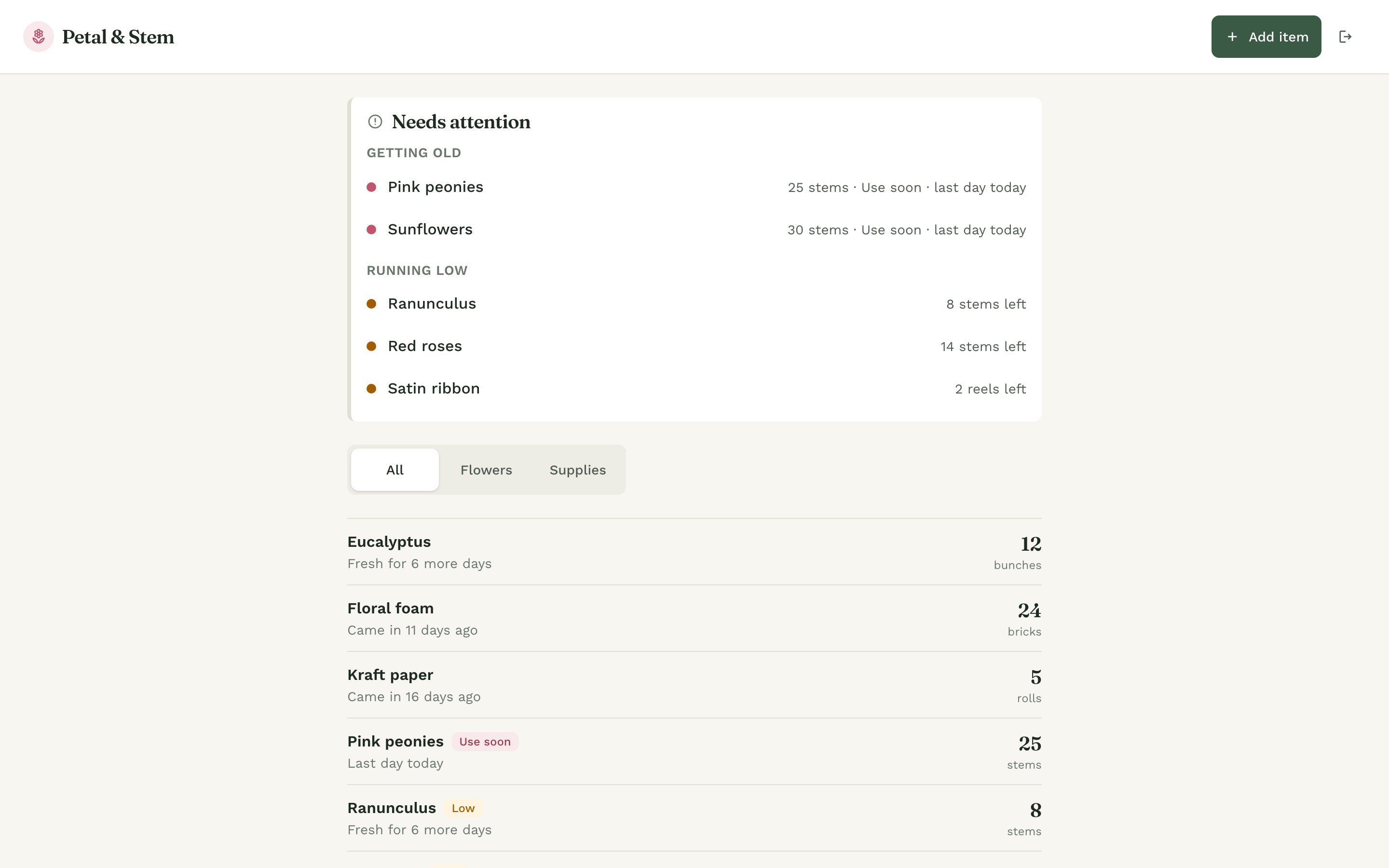 The stock book Athena built for Petal & Stem